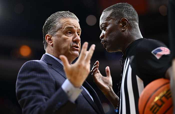 Dec 9, 2023; Philadelphia, Pennsylvania, USA; Kentucky Wildcats head coach John Calipari reacts to a referee against the Penn Quakers in the first half at Wells Fargo Center. Mandatory Credit: Kyle Ross-USA TODAY Sports